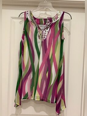Fashion Bug Pink, Green & White Sleeveless Beaded Neckline Camisole